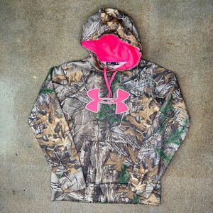 Under Armour Realtree Camo Hoodie Womens Small Pink Logo Hunting Sweatshirt